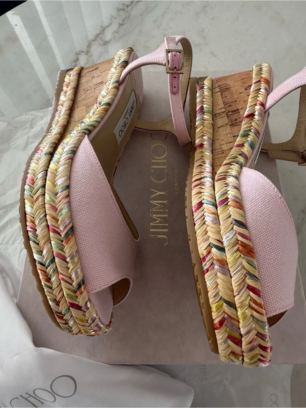 Jimmy Choo Perla 70 Pale Pink Espadrille Wedge Sandals